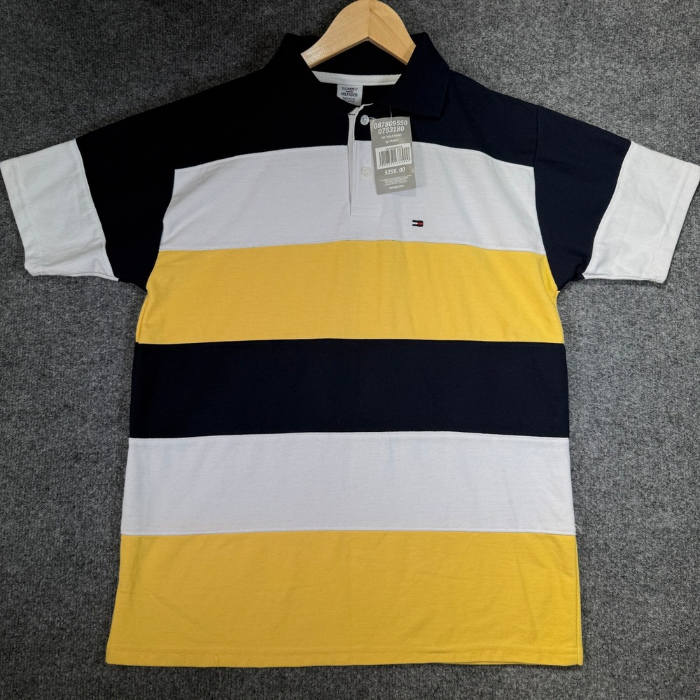 Tommy Hilfiger Ivy Polo Shirt Mens L Blue Yellow Striped Vintage Made in USA Y2K